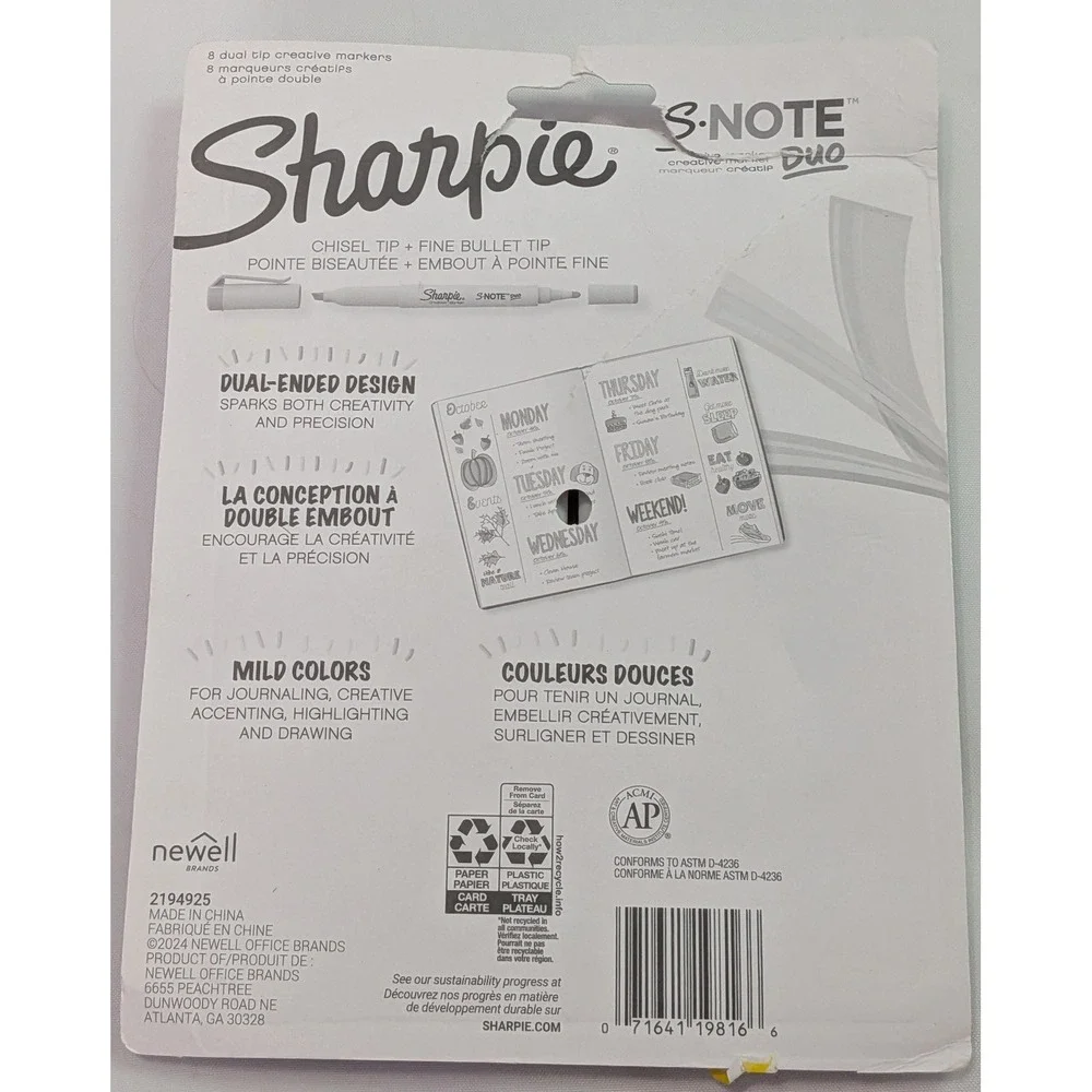 Sharpie S-Note Duo Creative Markers 8 Count Multicolor New Dual Tip Mild Colors